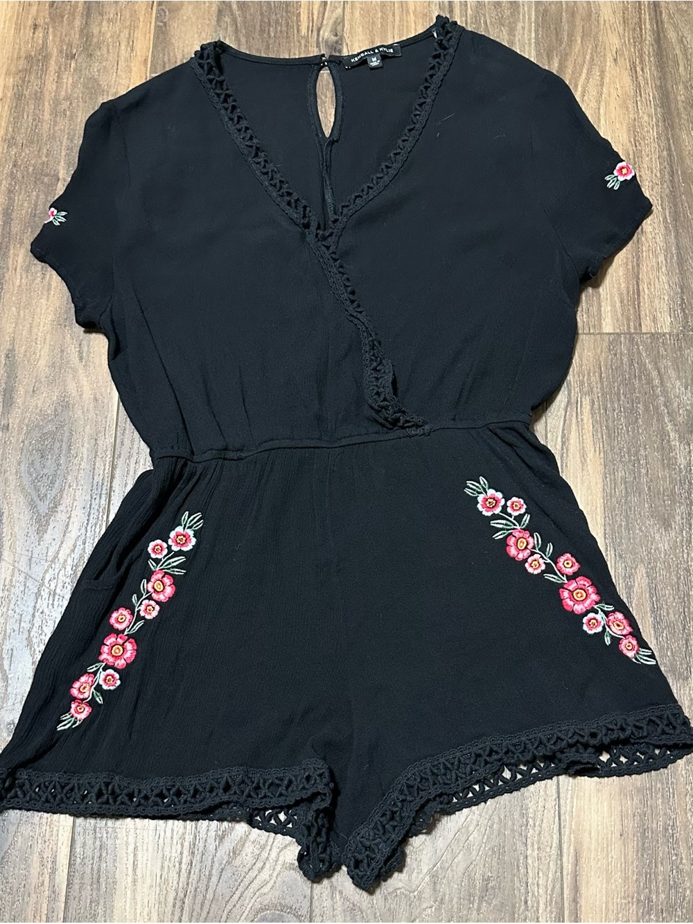 Kendall & Kylie Black Floral Embroidered Romper M Shorts One Piece
